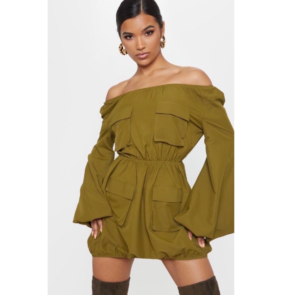 PLT KHAKI CARGO  BARDOT COZY FRONT POCKET DRESS